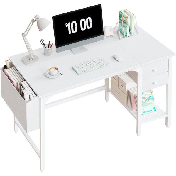 Lufeiya White Small Desk with Drawers - 40 Inch Computer Desk for Small Space