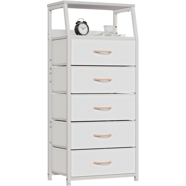 Furnulem White Dresser with 5 Drawers, Vertical Storage Tower Fabric Dresser