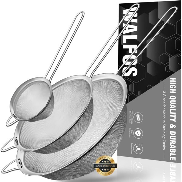 Walfos Fine Mesh Strainers Set, Premium Stainless Steel Colanders and Sifters