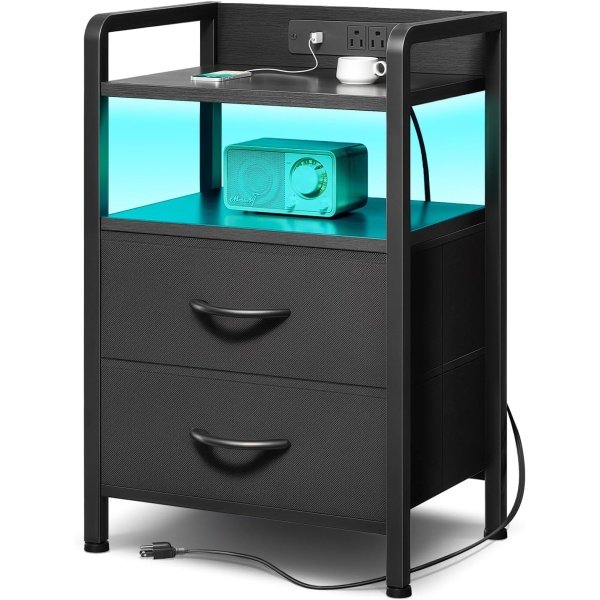 Night Stand Bedside Charger Bedroom - Nightstand with Charging Station & LED