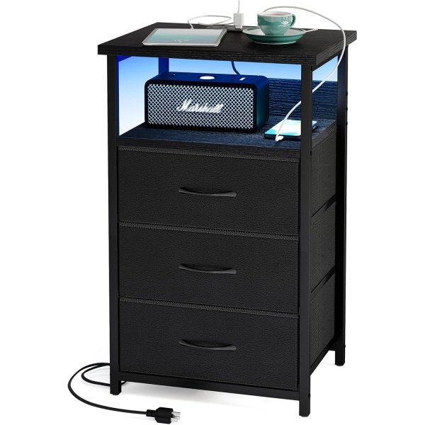 Fixwal Night Stand with Charging Station, LED Nightstand with U-S-B Ports