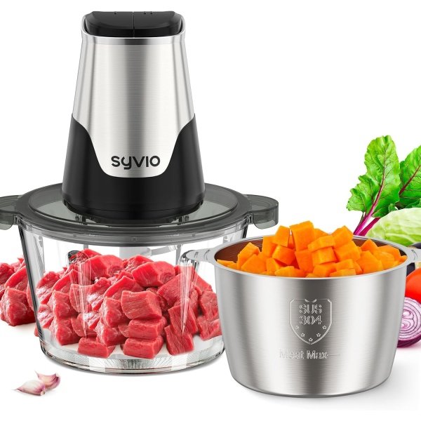 Syvio Food Processors with 2 Bowls, Meat Grinder 4 Bi-Level Blades