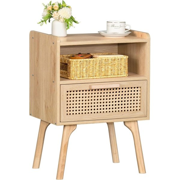 Lerliuo Rattan Nightstand, Boho Side Table with Drawer Open Shelf, Cane Accent