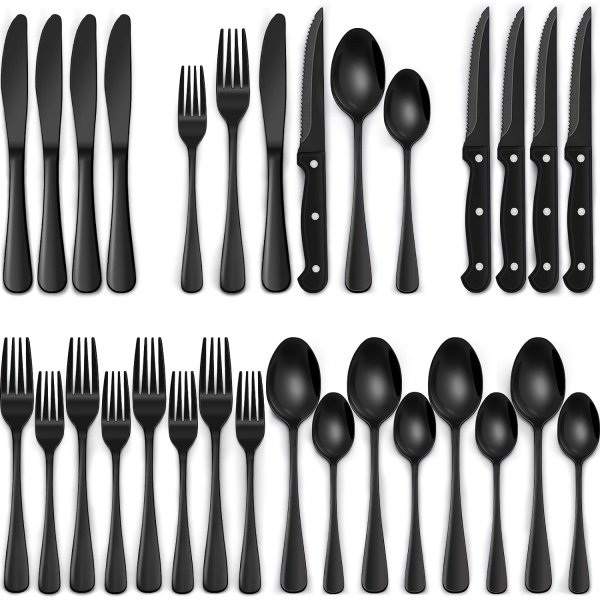24-Piece Black Silverware Set with Steak Knives, Black Flatware Set