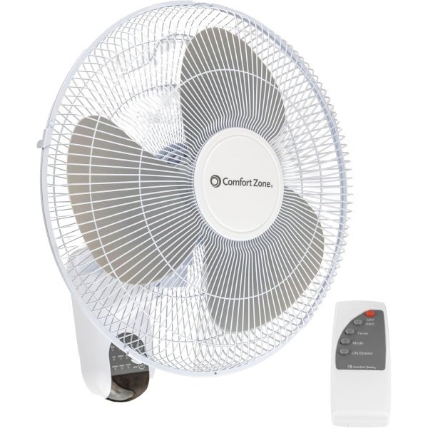 Comfort Zone 16-inch Wall Mount Fan with Remote Control, Quiet 3-Speed