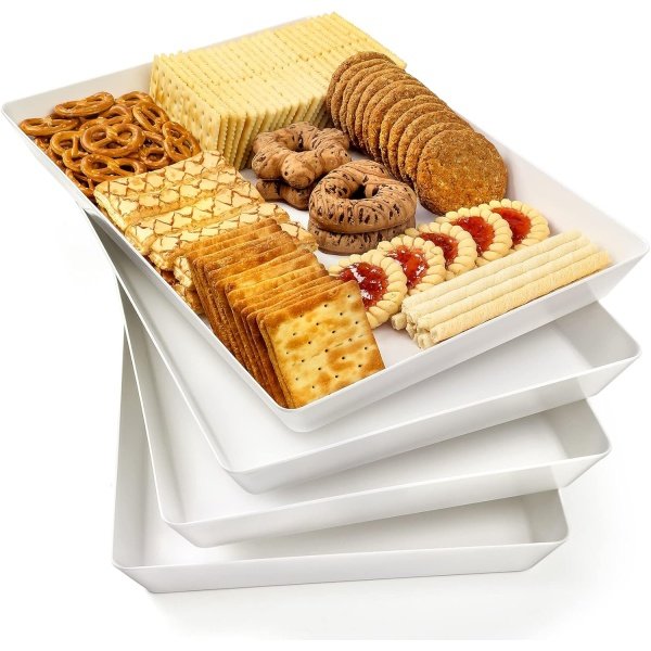 4-Pack Plastic 16" x 11" Large White Serving Trays Set - Reusable Serving
