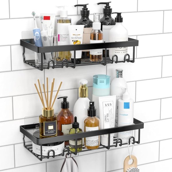 Moforoco Shower Caddy Shelf Organizer Rack, Self Adhesive Black Bathroom Shelves