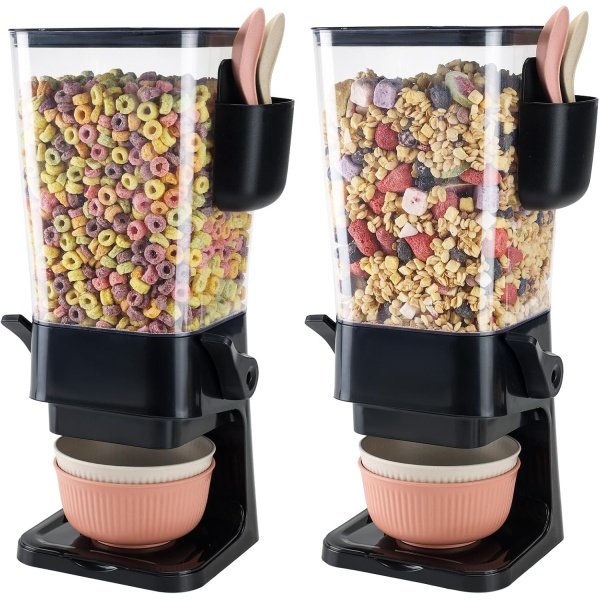 Cereal Dispenser Countertop Black 2 Pack with Bowls Spoons Cutlery Box