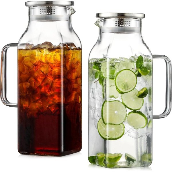 Netany 2 Pack 2 Liters/68 oz Square Glass Pitcher with Lid and Handle