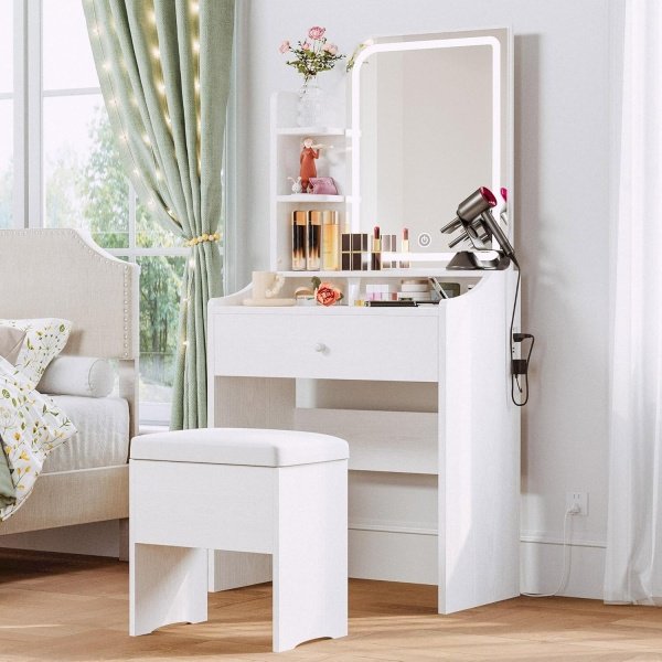 LIKIMIO Small Makeup Vanity Desk with Mirror and Lights, Vanity Table Set
