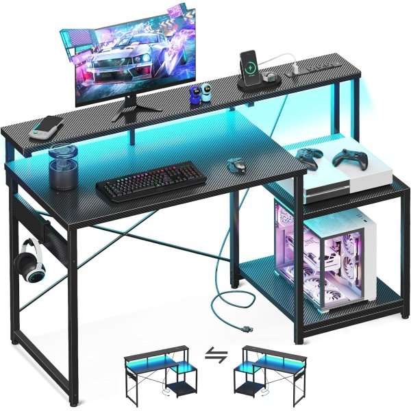 AODK Computer Desk, 48 Inch Gaming Desk with Led Lights & Power Outlet