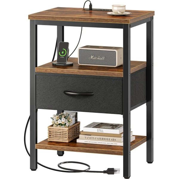 SUPERJARE Nightstand with Charging Station, Bed Side Table with Adjustable