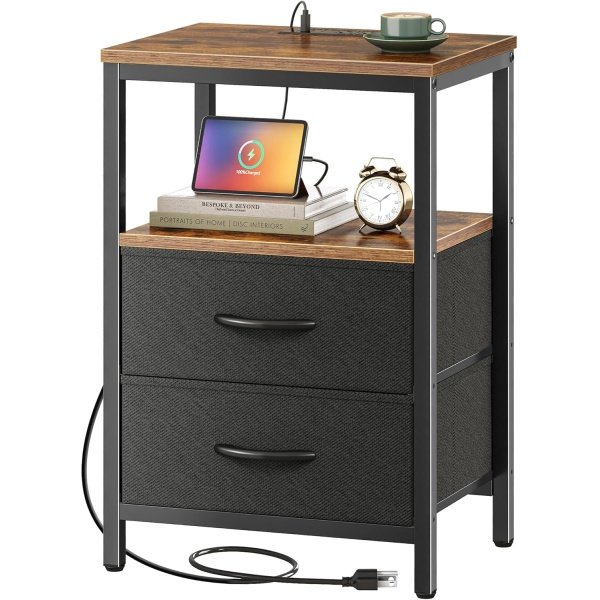 Huuger Nightstand with Charging Station, Side Table with Fabric Drawers
