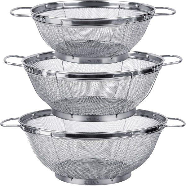 3 Pack 18/8 Stainless Steel Colander Sieves(5-Quart, 4-Quart and 3-Quart)
