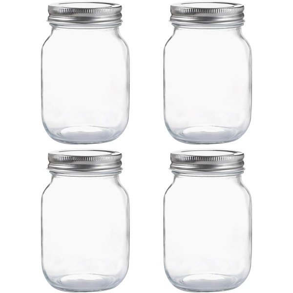 Glass Regular Mouth Mason Jars, 16 oz Clear Glass Jars with Silver Metal Lids for Sealing, Canning Jars for Food Storage, Overnight Oats, Dry Food, Snacks, Candies, DIY Projects (4PACK)