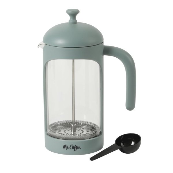 Mr. Coffee Retro Brew French Press Coffee Maker, 31-Ounce Glass Carafe with High Heat Resistant Durable Borasilicate Glass & Teal Frame and Plunger, Includes Coffee Scoop