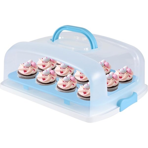 Cake Carrier with Lid, Blue Cake Holder Cupcake Container for 12 Cupcakes or 1 Large Cake Pie Pizza Tart 2 in 1 Portable Dessert Container for Cake Pie Muffin