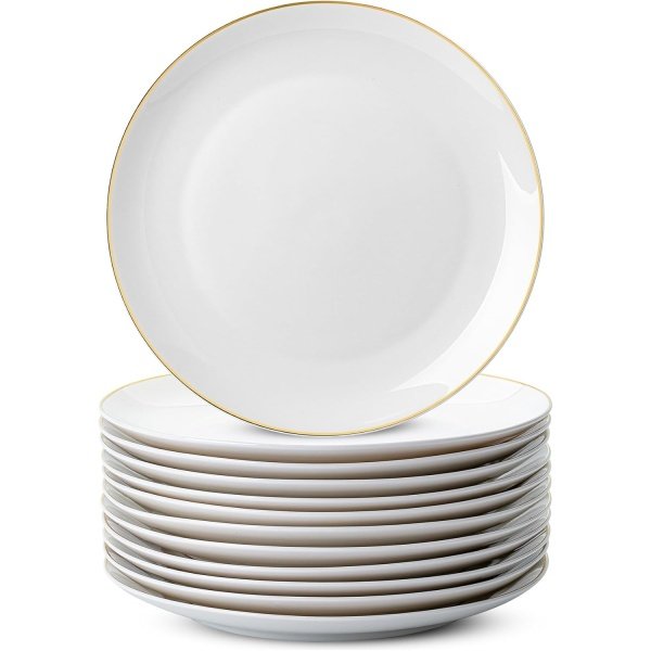 BTaT- White Porcelain Dinner Plates, Set of 12, 10.5" Gold Rimmed, Classic Style, Formal Dining, Christmas Gifts