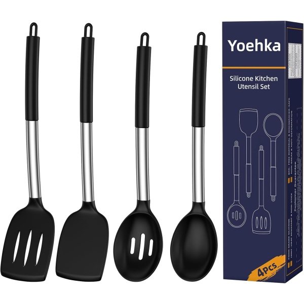 Yoehka Silicone Cooking Utensils Set for Nonstick Cookware, 4Pcs Heat Resistant Kitchen Silicone Spatula and Spoon Set with Stainless Steel Handle, Mixing, Flipping, Turning, Stirring, Black