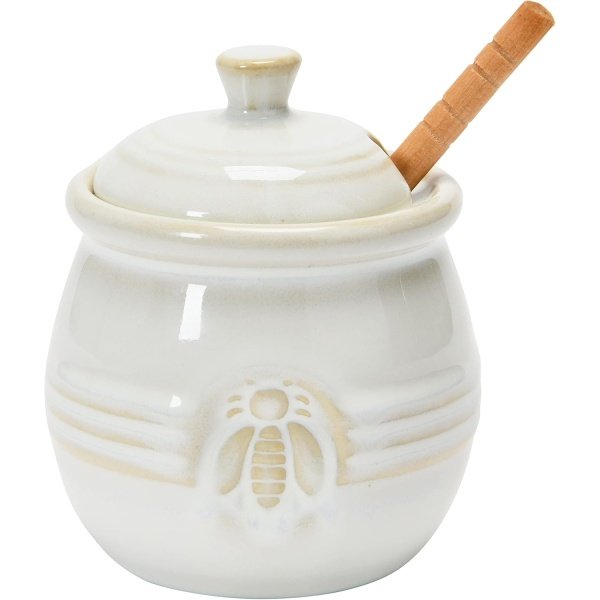 Creative Co-Op Farmhouse Embossed Stoneware Honey Pot with Wood Honey Dipper, White