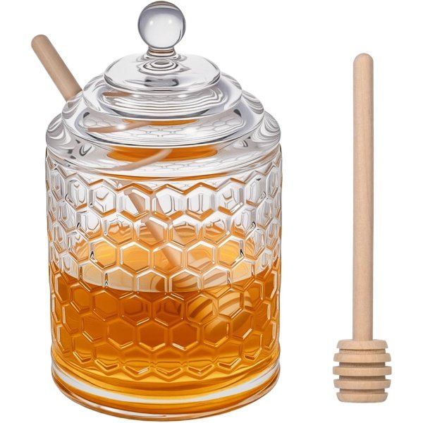 9 oz Clear Crystal Glass Honey Pot with 2 Dipper Sticks - No Drip Honey Dispenser Jar with Lid, Syrup Honey Container for Home Kitchen Storage Holder