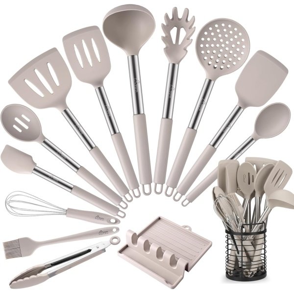 HOTEC 446°F Heat Resistant Silicone Kitchen Utensils, Cooking Utensil Set, Spatula Set, BPA Free, Kitchen Gadgets, With Stainless Steel Utensils Holder, Dishwasher Safe 14pcs Khaki