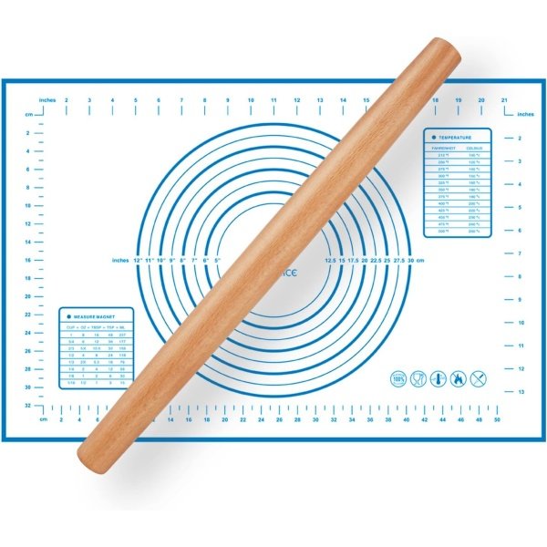 Wood French Rolling Pin for Baking, QUELLANCE Wooden Dough Roller with Silicone Baking Mat, Beech Wood Rolling Pins for Baking Dough, Pizza, Pie, Pastries, Pasta and Cookies,Blue Pastry Mat