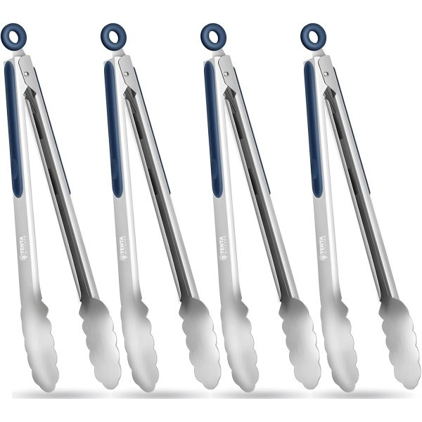 Tongs for Cooking, 12-Inch Stainless Steel Kitchen Tongs, Locking Metal Food Tongs with Silicone Non-Slip Grip, Kitchen Utensils for Food, Salad and Outdoor BBQ, Set of 4 (Midnight Blue)