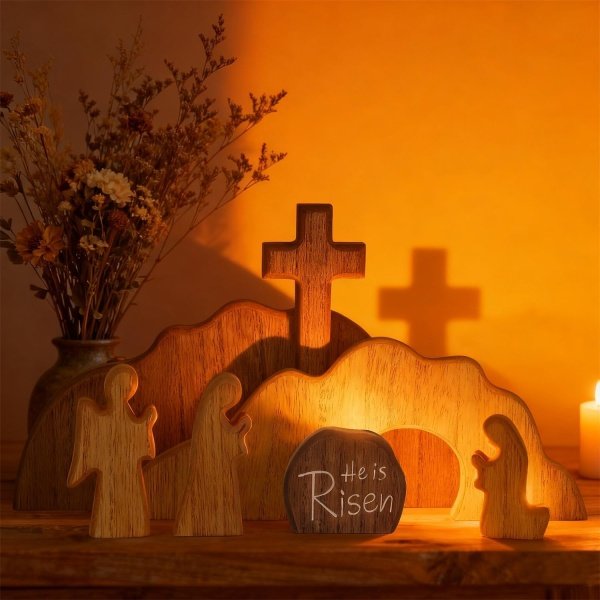 Glintoper Empty Tomb Easter Scene and Cross Decoration, 7pcs Wooden Easter Resurrection Scene Cross Jesus Tomb Tray Set, Tabletop Christian Gifts Jesus Nativity Scene Decor for Religious Home Office