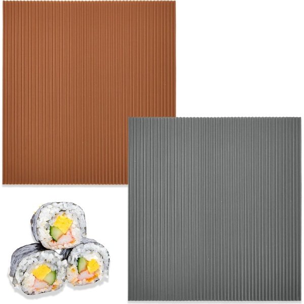 2 Pcs Non-Stick Silicone Sushi Rolling Mat, Reusable Sushi Roller Mat, Easy to Clean Sushi Making Mat Plate Mat for Beginner Homemade Kitchen DIY (Gray & Coffee)