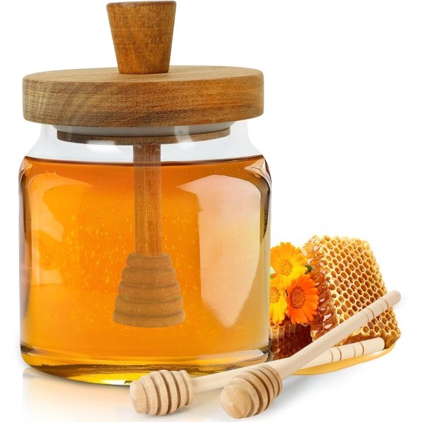 Loscarol Honey Pot with Dipper and Lid - 18oz Glass Honey Jar with Wooden Honey Dippers Stick Set, Wide Mouth Honey Containers - Airtight Syrup Dispenser for Home Kitchen