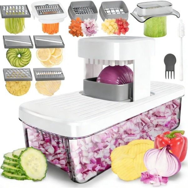 Vegetable Chopper Mandoline Slicer 8-in-1 with Container, 8 Blades for Onion, Veggie & Fruit, Easy Food Slicer Dicer Cutter, Kitchen Gadgets & Essentials