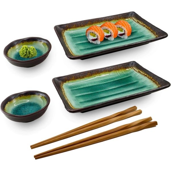 Happy Sales HSST-6CDTQDR, 6 PC Japanese Sushi Plate Dinnerware set, Caldera Turquoise