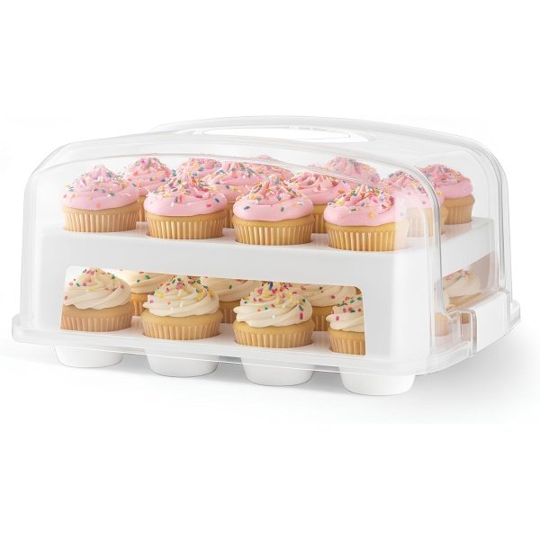 MosJos EXTRA TALL DOME Cupcake Carrier, White Cupcake Holder Carries 24 Cupcake Storage Container, Muffin Traveler Two Tier Stand Reusable Cupcake Box