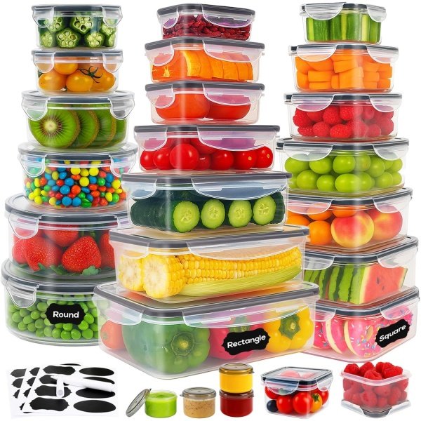 50 PCS Thicker Food Storage Containers with Lids, Clear Stackable Airtight Leakproof Reusable Plastic Meal Prep Container Set for Kitchen Storage/ Lunch, Fridge/ Microwave Safe with Labels&Pen