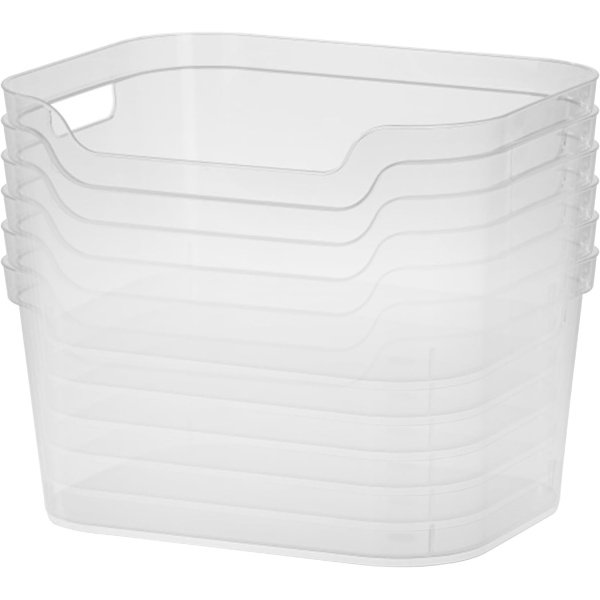 Sterilite 7 x 11 x 14.25 Inch Polished Open Scoop Front Storage Bin with Comfortable Carry Through Handles for Household Organization, Clear (6 Pack)