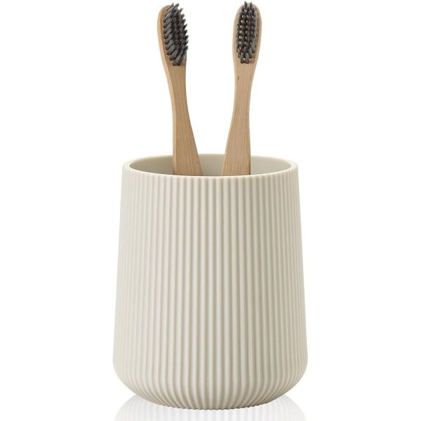 Beige Striped Toothbrush Holder for Electric Toothbrushes Bathroom Organizer for Toothpaste Kids & Adults