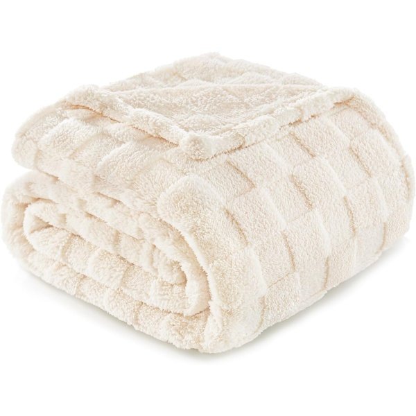 Exclusivo Mezcla Fleece Throw Blanket for Couch,Super Soft and Warm Lightweight Checkered Pattern Blankets for All Seasons, 50x60 Inches, Ivory