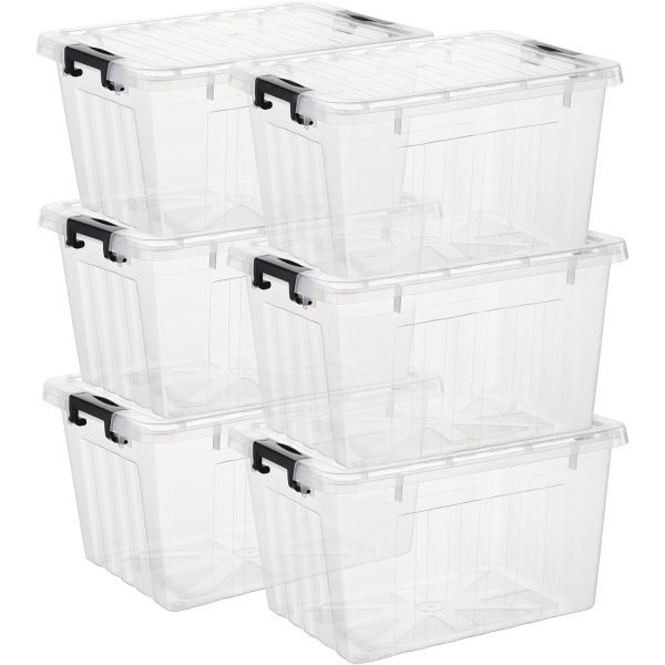 Lidded Storage Bin, Stackable Plastic Storage Box with Snap Lock Lid, Clear, 18 Quart, Pack of 6