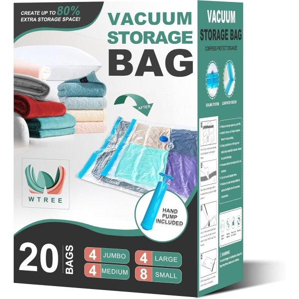 Vacuum Storage Bags, Space Saver Bags, Vacuum Sealed Bags for Comforters, Blankets, Clothes Storage, Hand Pump Included (4 Jumbo/4 Large/4 Medium/8 Small) (20 Pack)