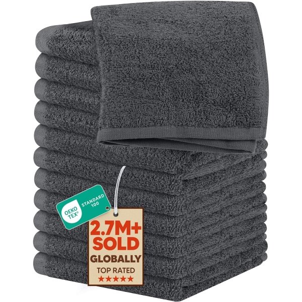 Utopia Towels 12 Pack Cotton Washcloths Set, 100% Ring Spun Cotton, Premium Flannel Face Cloths, Highly Absorbent and Soft Feel Fingertip Towels, Grey